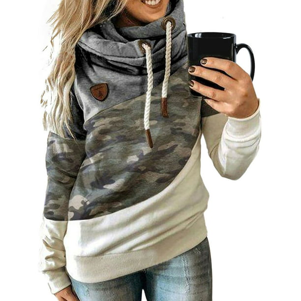 Women Casual Solid Print Cowl Neck Hoodies Sweatshirt with Hooded Tops with Pockets Blouse Pullover 